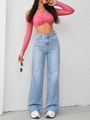 High-waisted wide-leg straight denim pants in a refreshing light wash blue finish - XS / Bottoms / Light Blue