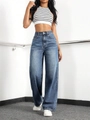 Women high waist wide leg jeans in dark blue wash with straight cut denim fabric - XS / Bottoms / Azure Blue