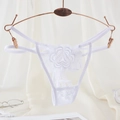 Sexy white lace thong with floral embroidery and mesh cutout details on a metal hanger - One Size / White Large Floral Hollow Lace Style(NK2105-White)