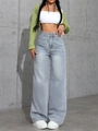Women's light blue high-waisted wide-leg jeans with a relaxed straight-cut denim fit - XS / Bottoms / Light Grey Blue