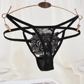 Sexy black lace thong for women with rose floral pattern and crisscross straps - One Size / Black Large Floral Hollow Lace Style(NK2105-Black)