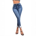 Jeans skinny a vita alta da donna blu scuro con orlo a taglio vivo e dettagli strappati - S / Blu scuro