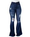 Detailed close-up of high-waisted distressed denim flares with ripped knee and frayed edges - S / Dark Blue