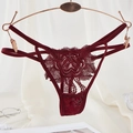 Wine red lace thong with floral embroidery and cut-out thin straps on a gold hanger - One Size / Wine Red Large Floral Hollow Lace Style(NK2105-Wine Red)