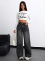 Women's high waist wide leg jeans in dark grey wash with trendy streetwear styling - XS / Bottoms / Ink Grey
