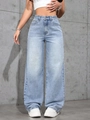 High-waisted light blue wide-leg denim jeans in light wash with classic five-pocket style - XS / Bottoms / Sky Blue