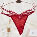 Red sheer lace thong with floral embroidery and dual side straps on a hanger - One Size / Red Multi-Strap Embroidered Lace Style(NK2065-Red)