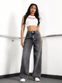 Women's high waist wide leg jeans in dark grey with vintage wash and loose fit - XS / Bottoms / Light Grey White