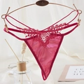 Lace thong in deep magenta with silk texture and floral embroidery detail - One Size / Rose Red Multi-Strap Embroidered Lace Style(NK2065-Rose Red)