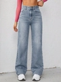 Women's light blue high waist wide leg denim jeans with natural vintage wash finish - XS / Bottoms / Retro Light Blue