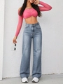 Women's pink mesh wrap top and blue high waist wide leg denim jeans stylish outfit - XS / Bottoms / Nostalgia Blue