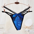 Royal blue lace thong featuring hollow triple-strap waistband and satin bow accent - One Size / Blue Satin Lace Bow Style(NK2028-Blue)
