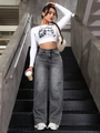 Women's white long sleeve crop top with charcoal high waist wide leg denim pants - XS / Bottoms / Silver Grey
