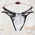Sexy black and white lace thong with large white satin bow and hollow waistband - One Size / White Satin Lace Bow Style(NK2028-White)