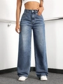 Women's vintage washed blue high-waisted wide-leg denim jeans in a straight-cut style - XS / Bottoms / Azure Blue