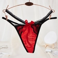 Lace thong with red satin bow and black floral details on a gold hanger - One Size / Red Satin Lace Bow Style(NK2028-Red)