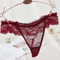Elegant dark red lace T-back thong for women with intricate floral patterns and ring details - One Size / Wine Red Full Lace Scalloped Edge Style(NK2029-Wine Red)