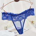 Elegant blue floral lace G-string thong with sheer mesh detail and lace trimming - One Size / Blue Full Lace Scalloped Edge Style(NK2029-Blue)