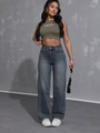 Women's high waist wide leg denim jeans in vintage deep blue wash styled with olive vest - XS / Bottoms / Dusty Blue