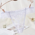 White lace thong with purple floral embroidery on a rose gold hanger display - One Size / White Full Lace Scalloped Edge Style(NK2029-White)