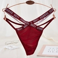 Dark red sexy thong with mesh fabric and cross straps featuring Sexy Goddess lettering - One Size / Wine Color Letter Cross Waist Style(NK2006-Wine Color)