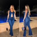 Σέξι μπλε τζιν ολόσωμη φόρμα με δέσιμο στο λαιμό, V ντεκολτέ και άνοιγμα στη μέση - S / Denim Μπλε