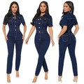 Nauwsluitende donkerblauwe denim jumpsuit met korte mouwen en metalen knopen - S / Marineblauw
