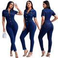 Slim fit donkerblauwe denim jumpsuit met korte mouwen en knoopsluiting, volledig beeld - S / Donkerblauw