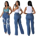 Damen High Waist Jeans mit weitem Bein, Cargo-Taschen und markanten Distressed-Details - S / Denim-Blau