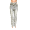 Detail of high waist denim pants featuring multi-button closure and cargo pockets - S / Bottoms / Gray