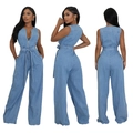 Dettagli della tuta in denim senza maniche azzurro con colletto a zip e coulisse in vita - S / Azzurro