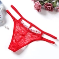 Tanga sexy en dentelle rouge pour femmes avec double ceinture et accents de perles - Broderie Florale (nk1799-1) / Rouge