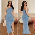 Slim fit washed denim midi dress with one-shoulder design and side waist cut-out detail - S / Denim Blue