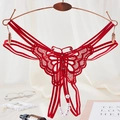Tanga sexy en dentelle rouge avec broderie papillon, perles et brides élastiques - String Ajouré Papillon (NK1932) / Rouge