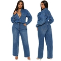 Detailed front and back view of deep blue denim jumpsuit with pockets and washed finish - S / Light Blue