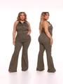 Combinaison en denim dos nu vert olive avec taille haute et jambes larges évasées - S / Vert Militaire