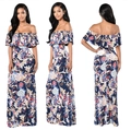 Schulterfreies Boho-Maxikleid mit Blumenmuster, Rüschen und professionellen Mehrwinkel-Ansichten - XL / Hellblau