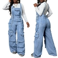 Women's light blue denim overalls with multi-pockets and wide leg loose fitting style - S / Light Blue