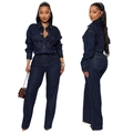 Deep blue long sleeve denim jumpsuit with button-down shirt and straight leg pants - S / Dark Blue