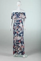Close-up of the ruffled off-the-shoulder neckline on a blue floral bohemian maxi dress - S / Deep Blue Floral
