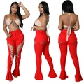 Rote Schlaghose für Damen mit Schnürdetails und beige Neckholder-Oberteil im Set - S / Rot