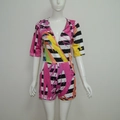 Women summer deep V-neck romper featuring colorful abstract print over striped pattern - S / Light Blue