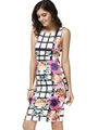 Ärmelloses Damen-Slim-Fit-Kleid in Weiß mit schwarzem Karo und lila Blumenmuster - M / Wie abgebildet
