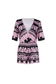 Mono corto de mujer con cuello en V profundo rosa y estampado geométrico negro suave - S / Estampado rosa y negro