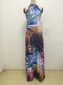 Damen Maxikleid mit tropischem Blattmuster und Neckholder-Ausschnitt in Blau und Violett - S / Oberteile / Tropischer Blattdruck