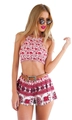 Two-piece bohemian red floral set with halter crop top and printed shorts for summer - S / Red