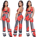 Dames jumpsuit met halternek en wijde pijpen, bloemenprint en zwart-witte strepen - S / Rood