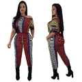Women's two-piece set featuring off-shoulder top and joggers with geometric star prints - S / Multicolor (As Pictured)