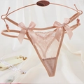 Tanga sexy en dentelle rose pâle pour femme avec doubles brides et nœuds en satin - Style avec Décoration Nœud (NK1828) / Abricot
