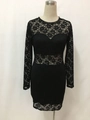 Close-up of black floral lace fabric and dot trim neckline on a pencil dress - S / Black